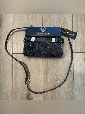 True Religion Blue Denim Crossbody Bag NWT Rhinestone Studded Y2K Diamond Stitch